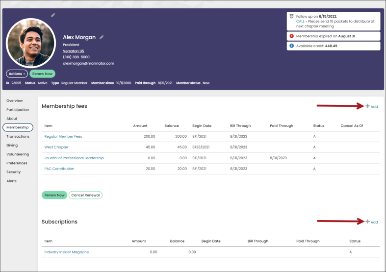 Account page membership tab adding new subscription fees and membership fees